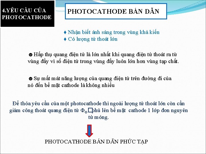 4. YÊU CẦU CỦA PHOTOCATHODE BÁN DẪN ♦ Nhận biết ánh sáng trong vùng