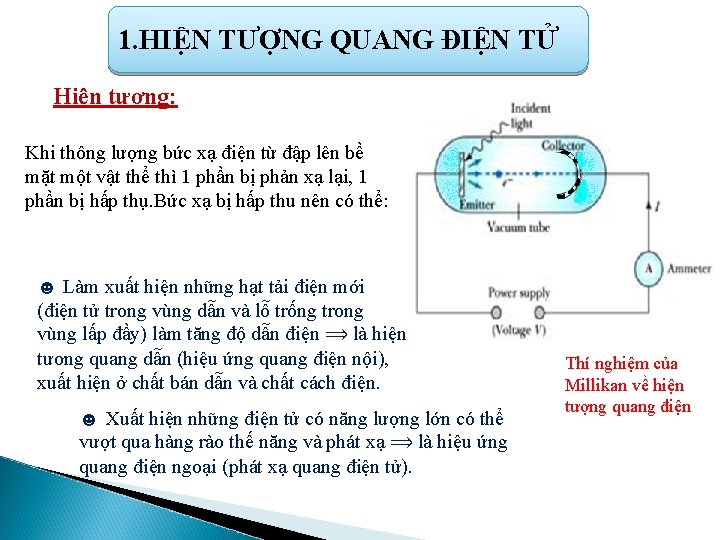 1. HIỆN TƯỢNG QUANG ĐIỆN TỬ Hiện tượng: Khi thông lượng bức xạ điện