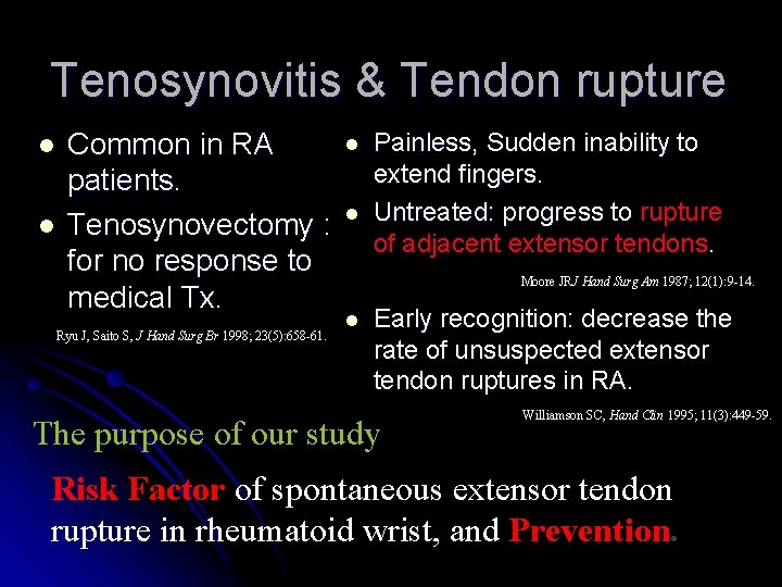 Tenosynovitis & Tendon rupture l l Common in RA patients. Tenosynovectomy : for no