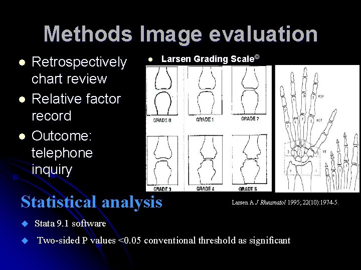 Methods Image evaluation l l l Retrospectively chart review Relative factor record Outcome: telephone