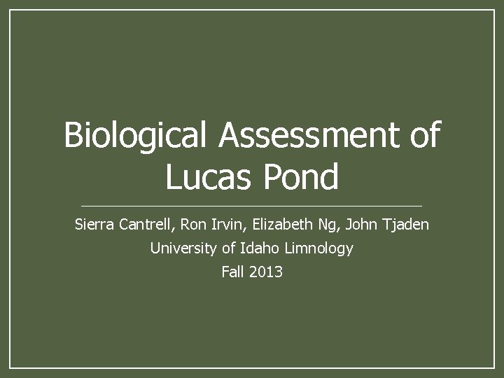Biological Assessment of Lucas Pond Sierra Cantrell, Ron Irvin, Elizabeth Ng, John Tjaden University