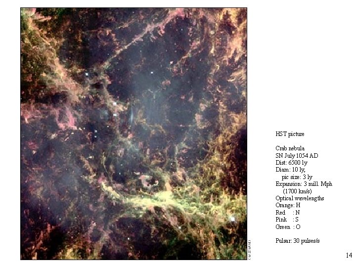 HST picture Crab nebula SN July 1054 AD Dist: 6500 ly Diam: 10 ly,