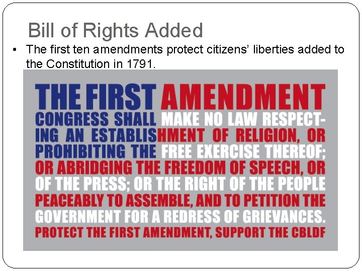 Bill of Rights Added • The first ten amendments protect citizens’ liberties added to
