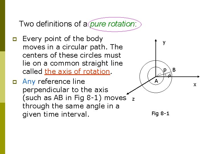 Two definitions of a pure rotation: p p Every point of the body moves
