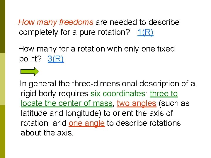 How many freedoms are needed to describe completely for a pure rotation? 1(R) How