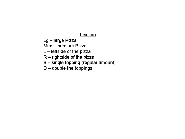 Lexicon Lg – large Pizza Med – medium Pizza L – leftside of the