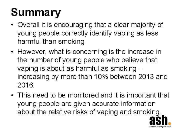 Summary • Overall it is encouraging that a clear majority of young people correctly