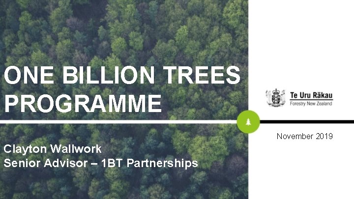 ONE BILLION TREES PROGRAMME November 2019 Clayton Wallwork Senior Advisor – 1 BT Partnerships