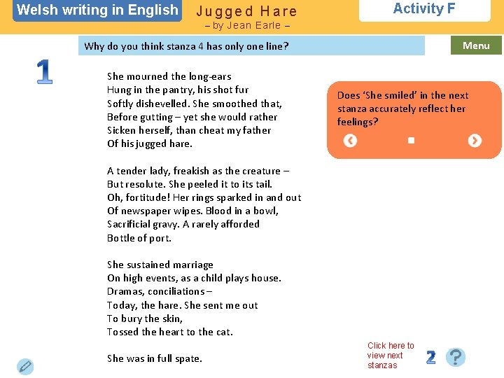 Welsh writing in English Jugged Hare Activity F – by Jean Earle – Menu