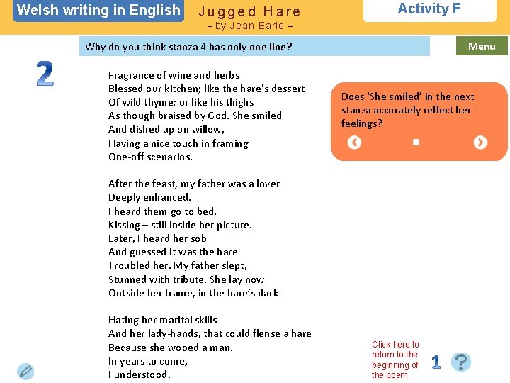 Welsh writing in English Jugged Hare Activity F – by Jean Earle – Menu