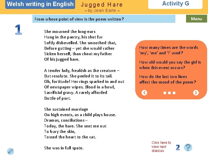 Welsh writing in English Jugged Hare Activity G – by Jean Earle – Menu