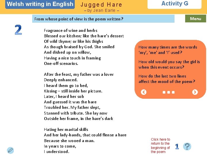 Welsh writing in English Jugged Hare Activity G – by Jean Earle – Menu