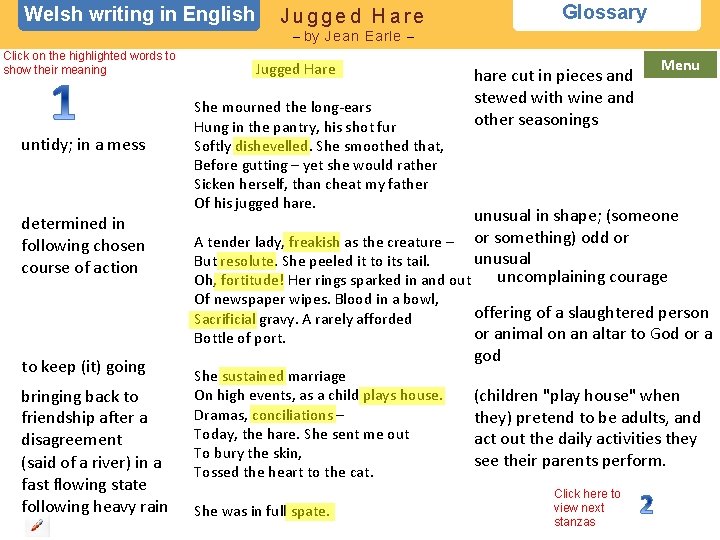 Welsh writing in English Jugged Hare Glossary – by Jean Earle – Click on