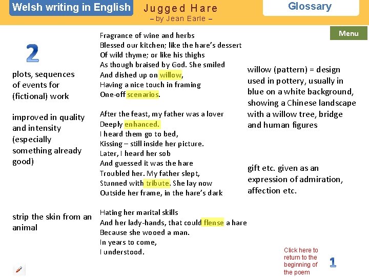 Welsh writing in English Jugged Hare Glossary – by Jean Earle – plots, sequences