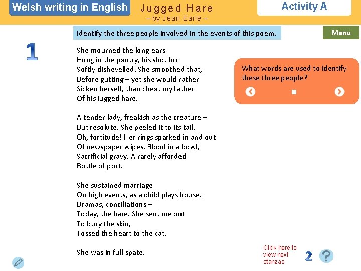 Welsh writing in English Activity A Jugged Hare – by Jean Earle – Identify