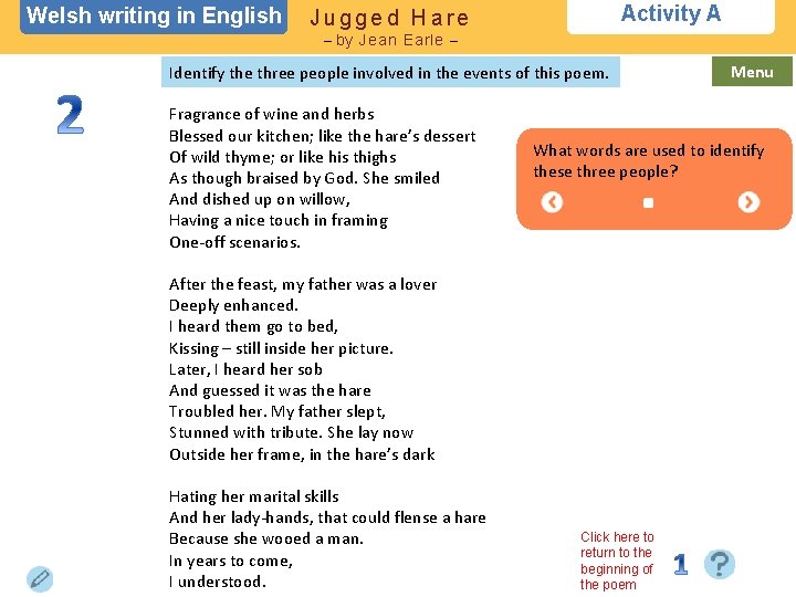 Welsh writing in English Activity A Jugged Hare – by Jean Earle – Identify