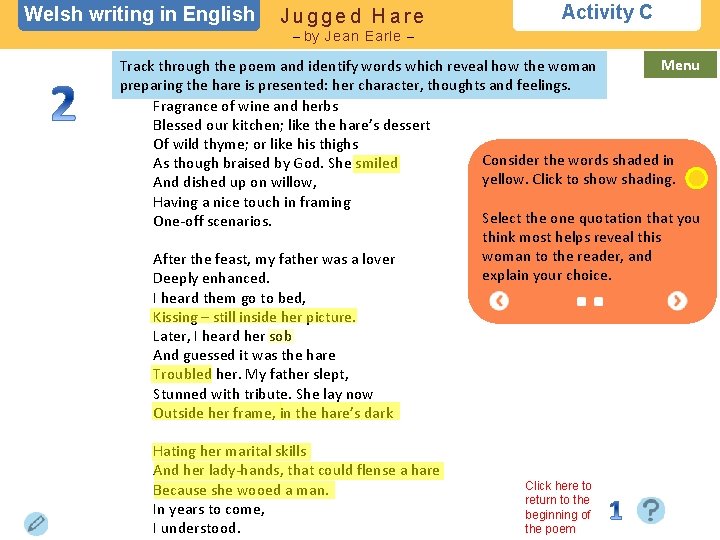 Welsh writing in English Jugged Hare Activity C – by Jean Earle – Menu