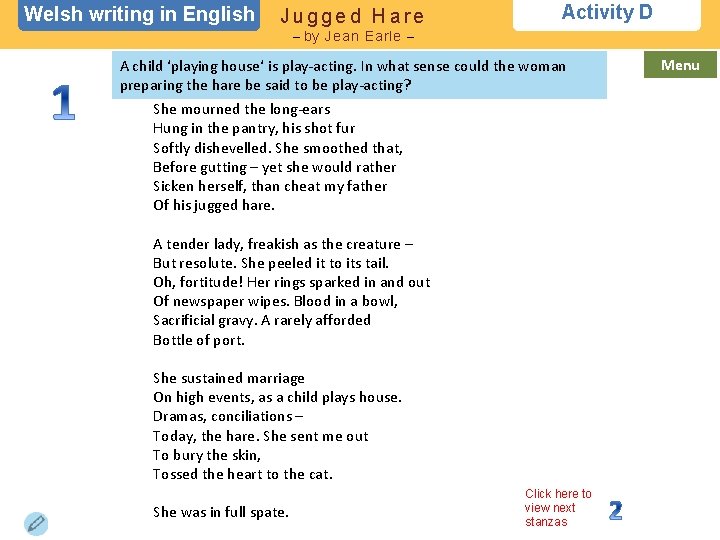 Welsh writing in English Jugged Hare Activity D – by Jean Earle – A