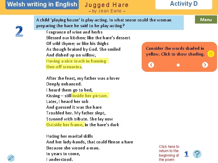 Welsh writing in English Jugged Hare Activity D – by Jean Earle – Menu