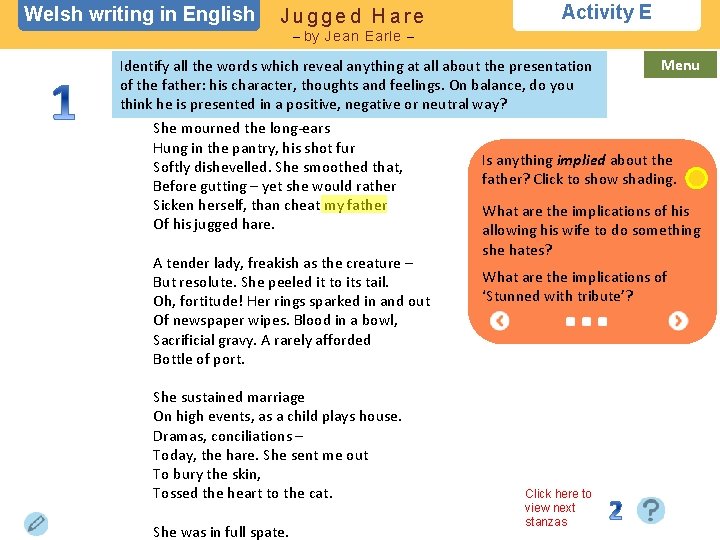 Welsh writing in English Jugged Hare Activity E – by Jean Earle – Identify