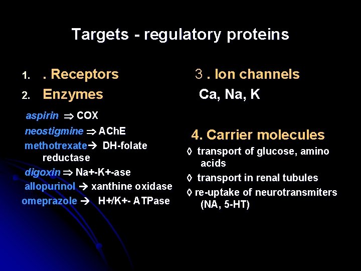 Targets - regulatory proteins 1. 2. . Receptors Enzymes aspirin COX neostigmine ACh. E