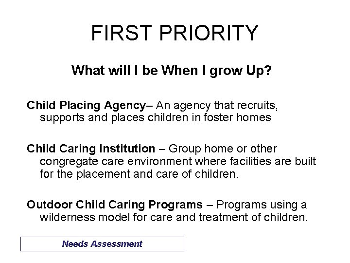 FIRST PRIORITY What will I be When I grow Up? Child Placing Agency– An