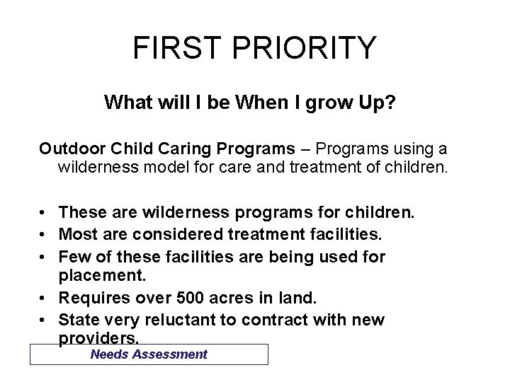FIRST PRIORITY What will I be When I grow Up? Outdoor Child Caring Programs