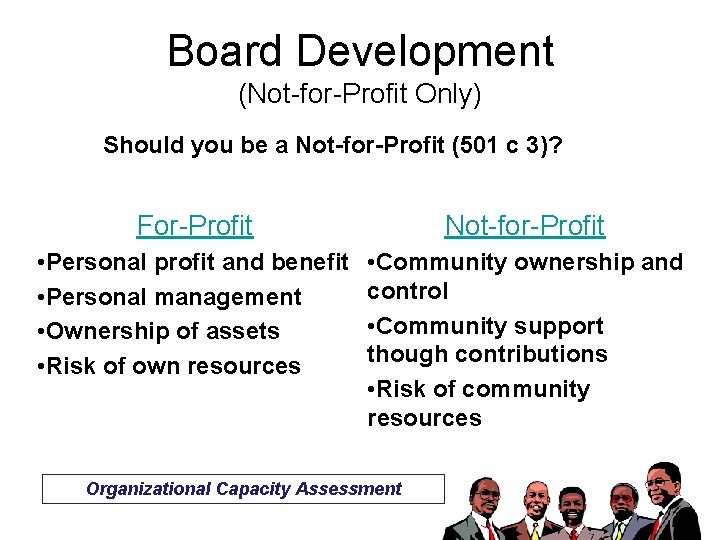 Board Development (Not-for-Profit Only) Should you be a Not-for-Profit (501 c 3)? For-Profit Not-for-Profit