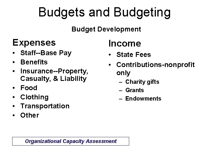 Budgets and Budgeting Budget Development Expenses Income • Staff--Base Pay • Benefits • Insurance--Property,