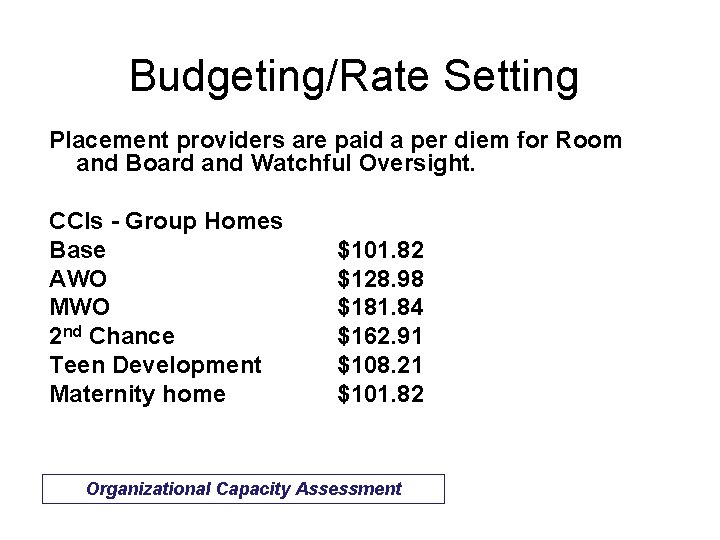 Budgeting/Rate Setting Placement providers are paid a per diem for Room and Board and