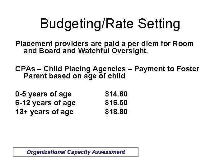 Budgeting/Rate Setting Placement providers are paid a per diem for Room and Board and