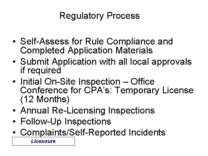 Regulatory Process • Self-Assess for Rule Compliance and Completed Application Materials • Submit Application