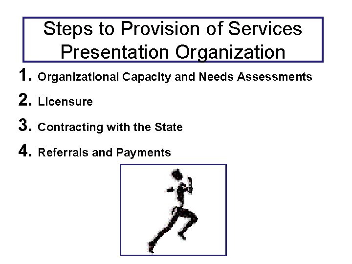 Steps to Provision of Services Presentation Organization 1. Organizational Capacity and Needs Assessments 2.