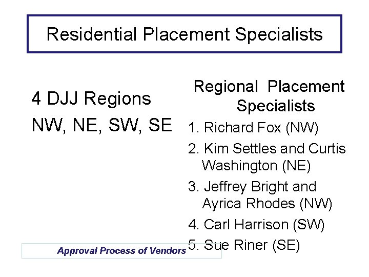 Residential Placement Specialists 4 DJJ Regions NW, NE, SW, SE Regional Placement Specialists 1.