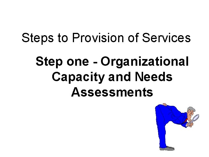 Steps to Provision of Services Step one - Organizational Capacity and Needs Assessments 