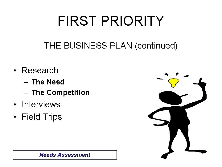 FIRST PRIORITY THE BUSINESS PLAN (continued) • Research – The Need – The Competition