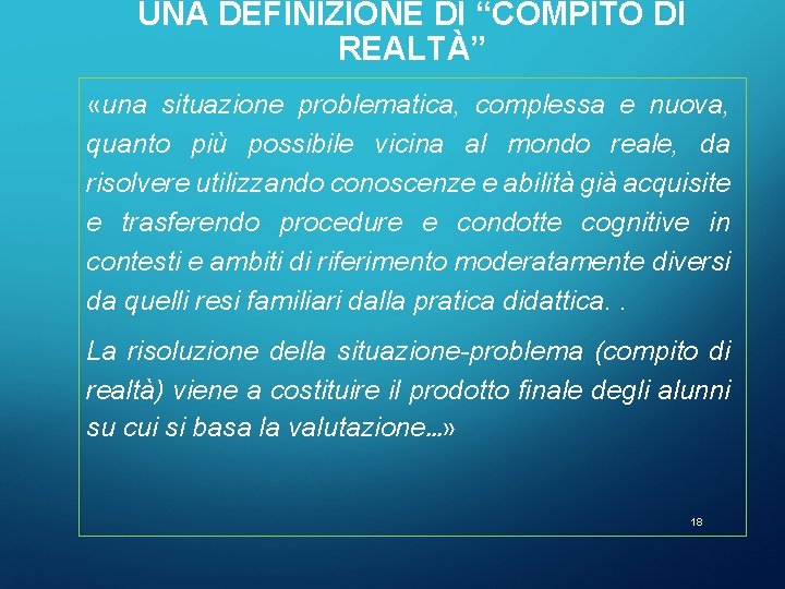 UNA DEFINIZIONE DI “COMPITO DI REALTÀ” «una situazione problematica, complessa e nuova, quanto più