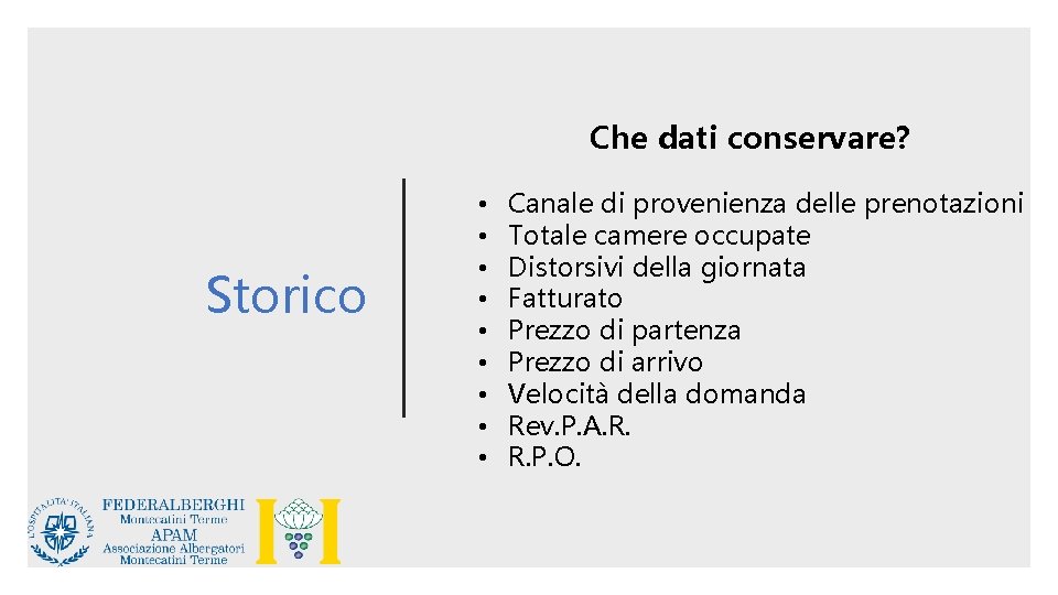 Che dati conservare? Storico • • • Canale di provenienza delle prenotazioni Totale camere