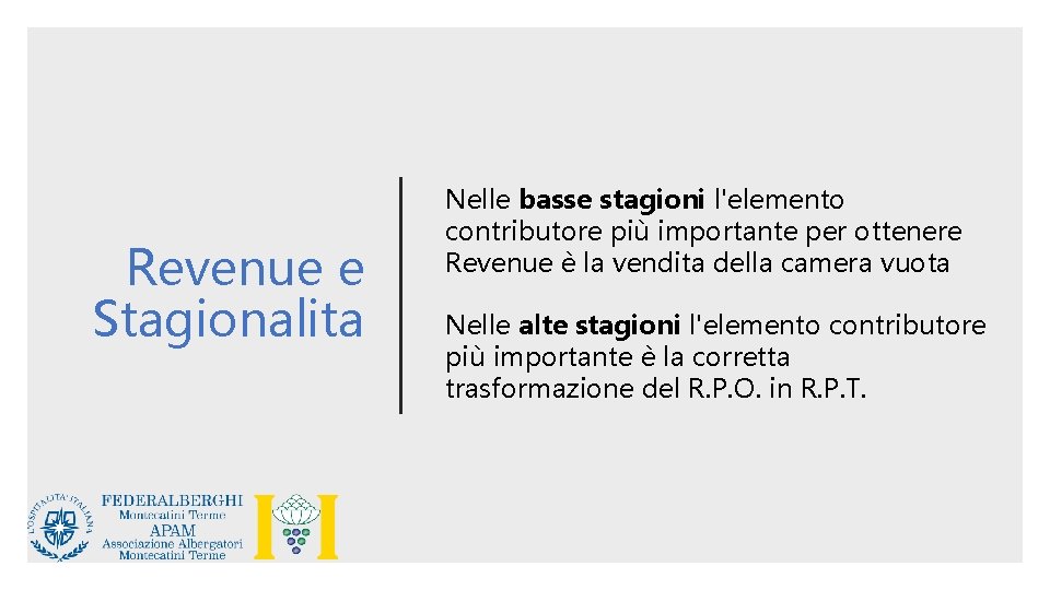 Revenue e Stagionalita Nelle basse stagioni l'elemento contributore più importante per ottenere Revenue è