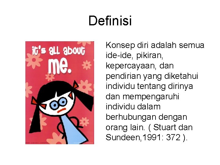 Definisi Konsep diri adalah semua ide-ide, pikiran, kepercayaan, dan pendirian yang diketahui individu tentang