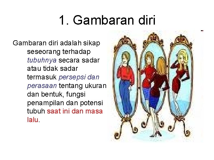 1. Gambaran diri adalah sikap seseorang terhadap tubuhnya secara sadar atau tidak sadar termasuk