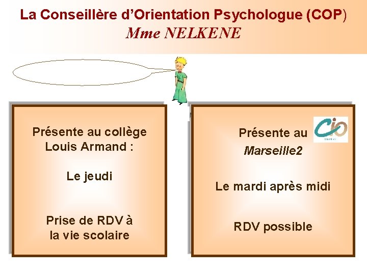 La Conseillère d’Orientation Psychologue (COP) Mme NELKENE Présente au collège Louis Armand : Le