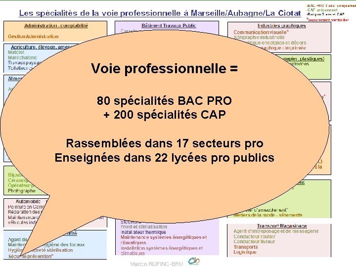 Voie professionnelle = 80 spécialités BAC PRO + 200 spécialités CAP Rassemblées dans 17