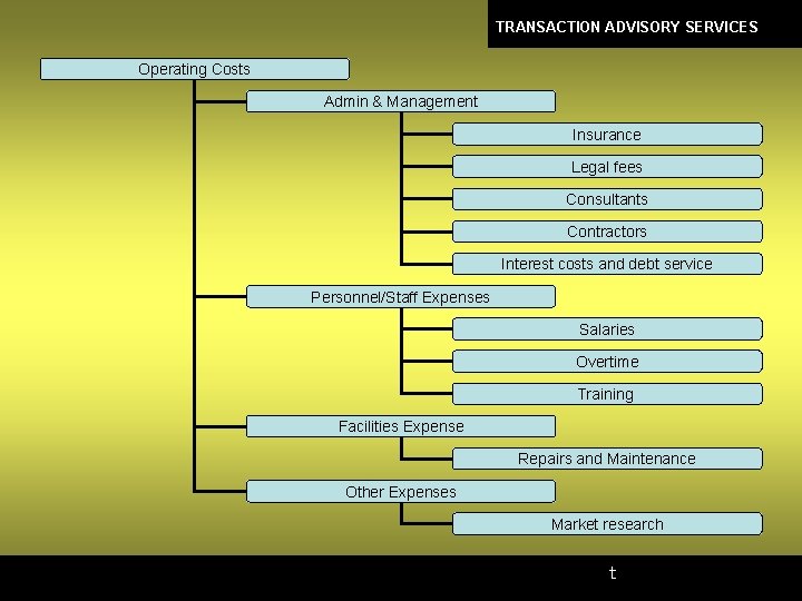 TRANSACTION ADVISORY SERVICES Operating Costs Admin & Management Insurance Legal fees Consultants Contractors Interest