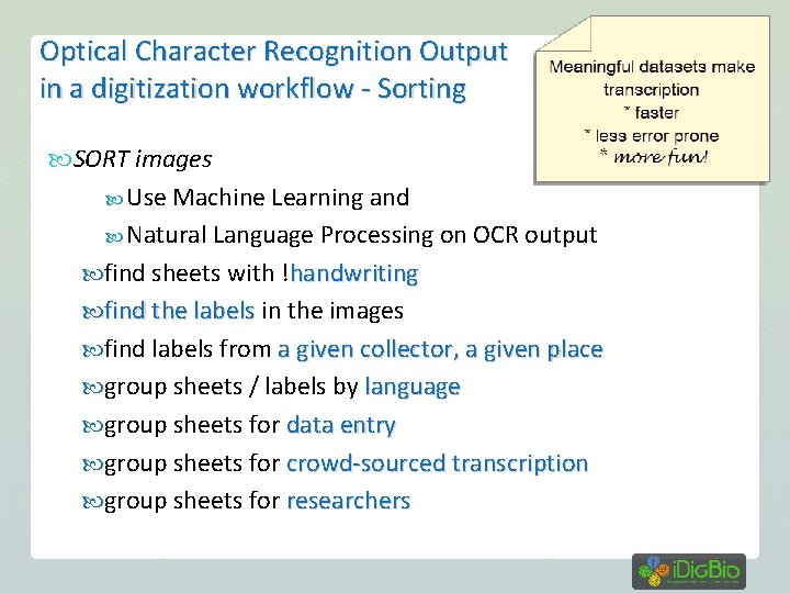 Optical Character Recognition Output in a digitization workflow - Sorting SORT images Use Machine