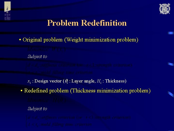 Problem Redefinition • Original problem (Weight minimization problem) Subject to xi : Design vector