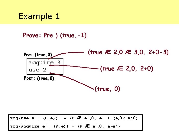 Example 1 Prove: Pre ) (true, -1) Pre: (true, 0) acquire 3 use 2