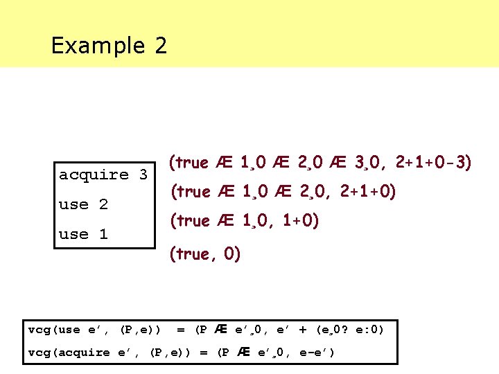 Example 2 acquire 3 use 2 use 1 vcg(use e’, (P, e)) (true Æ