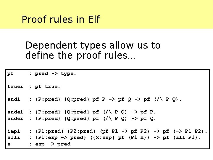 Proof rules in Elf Dependent types allow us to define the proof rules… pf