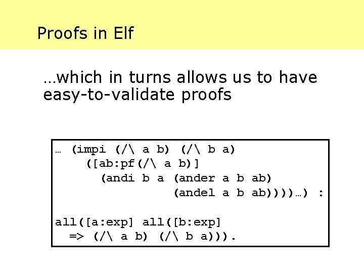 Proofs in Elf …which in turns allows us to have easy-to-validate proofs … (impi
